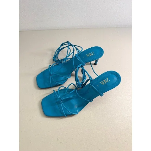 Zara Blue Leather Strappy Lace Up Square Toe Stiletto Heeled Sandals 39 8 - Picture 3 of 9